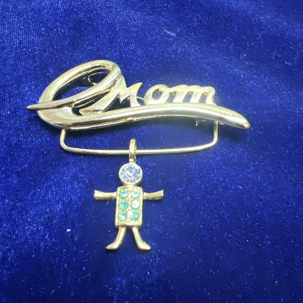 Vintage Mom Brooch with Birthstone‎ Child Charms, Gold Tone Signed K.I.S, Estate
